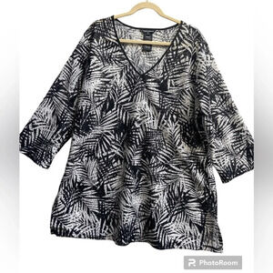 Women's  Mario Serrani Italy Beach Cover Up B/W Tropical Print Tunic Dress Sz XL
